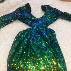 BooHoo Holiday Dress. Green and Blue Sequin